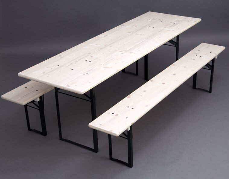 Table and benches set with white glazed wooden surface