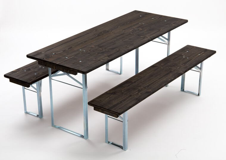 Table and benches set wood paint ebony frames galvanized