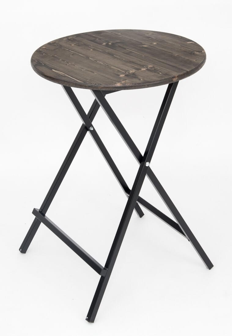 standing-table folding ebony-coloured wooden plate 
with black powder-coated scissor frame no.08 