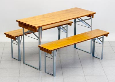 Table and benches set glazed in the colour teak overpainted with staircase varnish No.184 