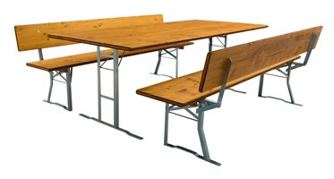 Table and benches set with extra wide T-shaped frame