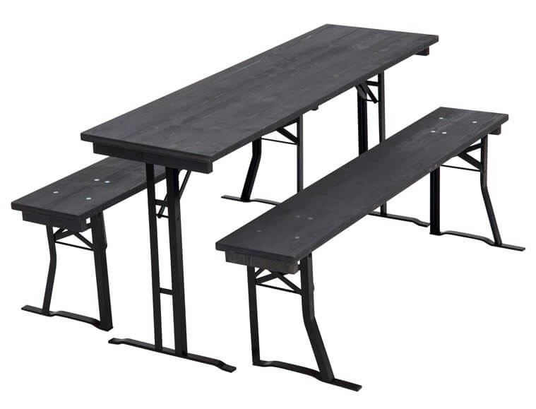 Table and benches set with anthracite-coloured wooden plates and black powder-coated fittings